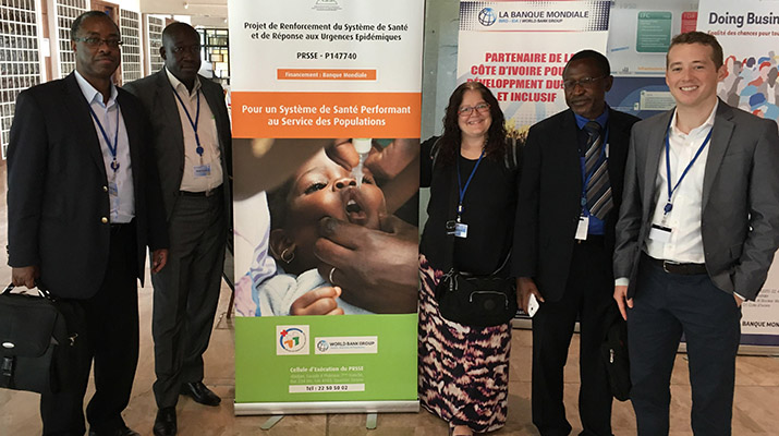 {MSH staff members (from L-R) Jean Kagubare, Antoine Ndiaye, Kristin Cooney, Omer M'bi Mabiala, and Colin Gilmartin during the launch of the Performance-Based Financing Program in Abidjan, Côte d’Ivoire (Photo credit: MSH Staff)}