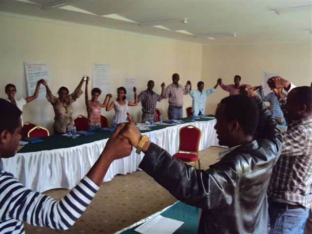 [Journalists raise their hands in solidarity to support AMR advocacy and containment at the close of a SIAPS-supported workshop organized by the Food, Medicine and Health Care Administration and Control Authority of Ethiopia in June 2012.] {Photo credit: MSH staff.}