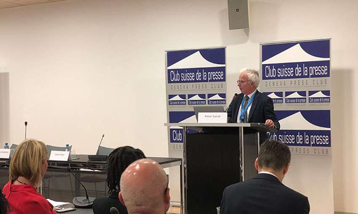 [The Global Fund’s Peter Sands speaking at a #WHA71 side event in Geneva on May 22, 2018.] {Photo credit: Brian W. Simpson}