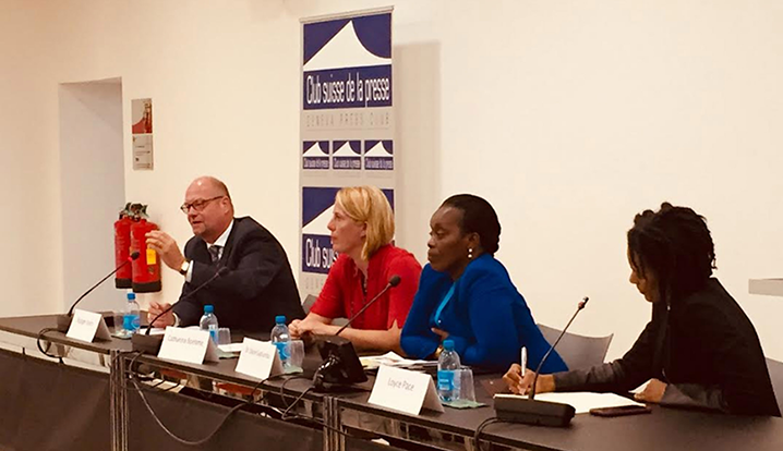 [Loyce Pace of the Global Health Council moderates an expert panel at the WHA71 side event in Geneva, May 22, 2018. Panelists included Dr. Diane Gashumba, Rwanda’s Minister of Health; Catharina Boehme, CEO of the Foundation for Innovative New Diagnostics; and Rüdiger Krech, Director of Health Systems and Innovation at WHO.] {Photo credit: MSH}