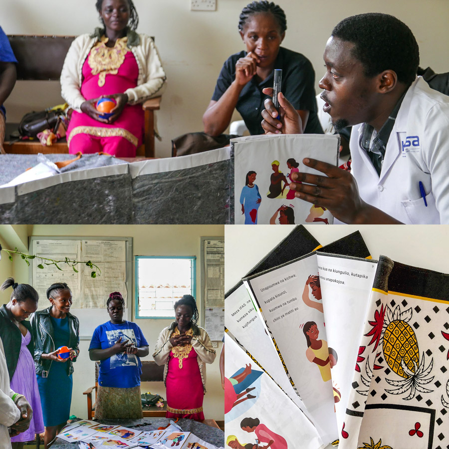 [Designed for the Kenyan context, a message scroll allows the midwife to show one visual at a time.]