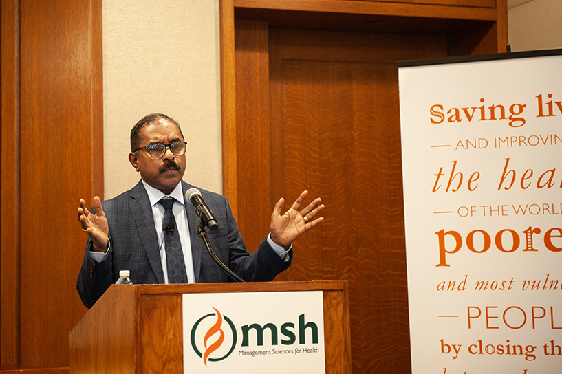 [Dr. Lal Sadasivan, TB Technical Director, HIV/TB Global Program at PATH, speaks about the need to move beyond “fancy strategies to end TB.” Political commitment has to translate into actionable strategies that actually find and treat the missing cases of TB.] {Photo credit: Laura Hanson/MSH}