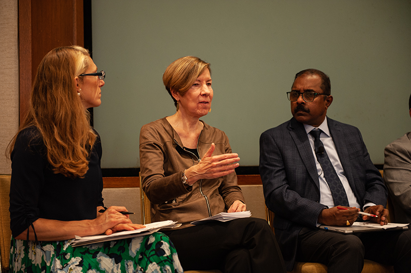 [Dr. Joanne Carter (middle) articulates action steps to end TB: reach everyone who is sick, scale up prevention, expand research, and increase finances commensurate with those needs through a patient-centered, equity-focused approach.] {Photo credit: Laura Hanson/MSH}