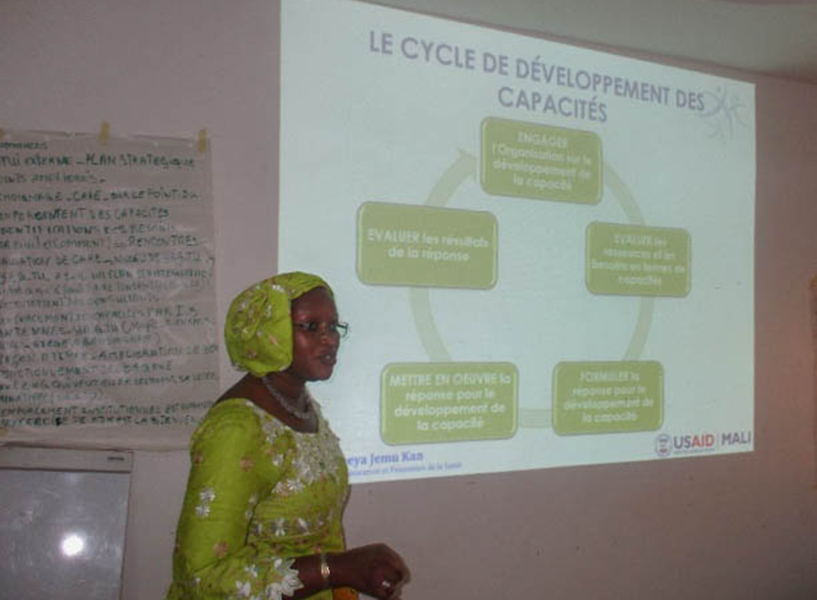 [Hawa presenting the organizational development cycle to a group of workshop participants.]