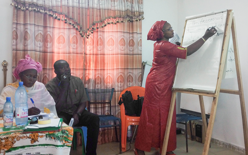 {Hawa Coulibaly Kone leads a workshop with partner NGO YA-G-TU to develop its strategic plan. Photo credit: MSH}