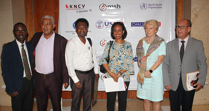 [Left to right: Dr. Daniel Gemechu, Regional Director for CTB/Ethiopia , Dr. Ahmed Bedru, Country Director for CTB/Ethiopia , Mr. Taye Letta, National TB Program Manager, Dr. Liya Tadesse, State Minister of Health, Dr. Kitty van Weezenbeek, Executive Director of KNCV and Dr. Pedro Suarez, Senior Director, Infectious Disease Cluster at MSH.]