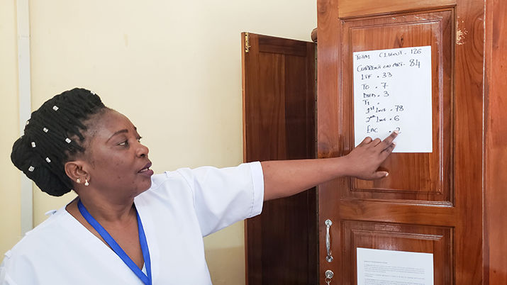 [Anna Mzeru, Assistant Nursing Officer at Yombo Dispensary in Bagamoyo, Tanzania, shows facility data for HIV-positive patients, including those lost to follow-up and those currently on first- or second-line antiretroviral treatment.] {Photo credit: Flor Truchi/MSH}