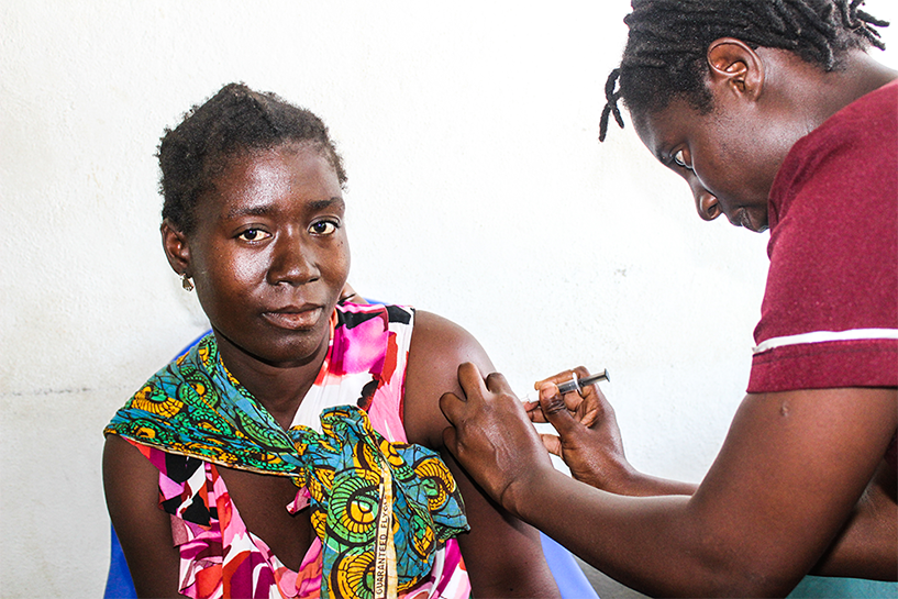 {A woman receives depo-provera contraceptive method at Area 18 health center in Lilongwe District, Malawi. Photo credit: Rejoice Phiri/MSH}