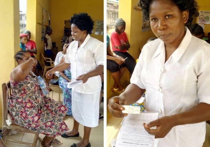 [Rebecca Owolabi administra sulfadoxina pirimetamina (SP) a una mujer que visita el centro para recibir atención prenatal. Crédito de la foto: Fadiji Eunice Omolola]