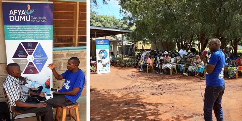 [(links) Ein freiwilliger Gesundheitshelfer der Gemeinde besucht einen Patienten in Makueni County, Kenia. (rechts) Ein Teammitglied von Afya Dumu spricht bei einer Veranstaltung zur Sensibilisierung der Gemeinde über die Bedeutung der Versorgung nichtübertragbarer Krankheiten. Bildnachweis: Urbanus Musyoki, Medtronic Labs.]