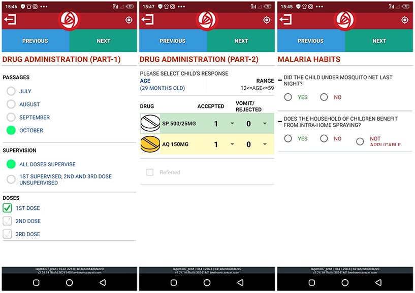 {The smartphone app helped health workers more easily record when each child received antimalarial medications as well as details on each household’s use of other malaria interventions, such as mosquito nets and indoor residual spraying. Photos: Benin Digitization Project Team, Catholic Relief Services}