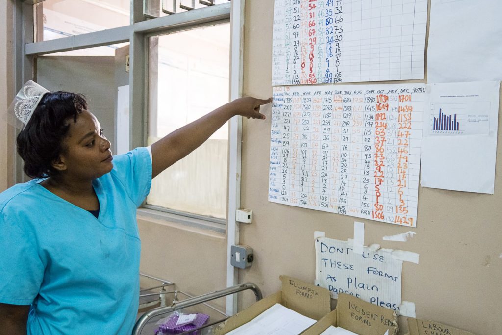 Una enfermera señala las estadísticas de parto en la unidad de maternidad del Hospital Bwaila, Lilongwe, Malawi foto de Rudi Thetard