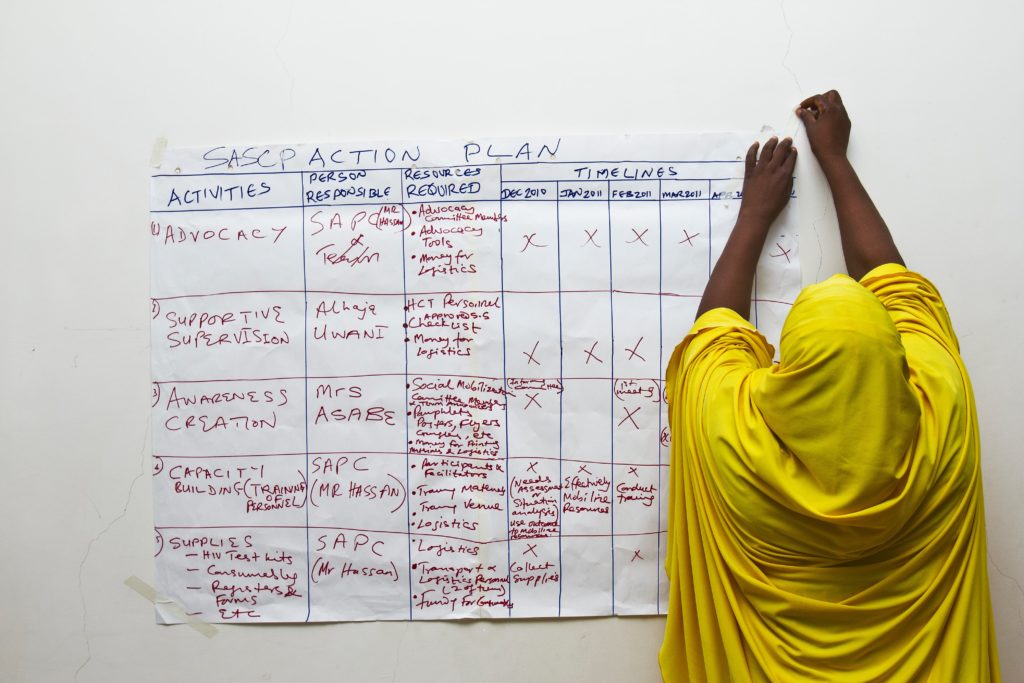 Un plan de acción desarrollado durante el LDP de Gombe celebrado en el estado de Níger, Nigeria. Crédito de la foto: MSH.
