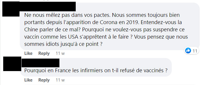 Traduction : Ne nous impliquez pas dans cela. Nous sommes toujours en bonne santé depuis l'apparition de Corona en 2019. Entendez-vous la Chine en parler ? Pourquoi ne voulez-vous pas retirer l'approbation de ce vaccin comme les États-Unis sont sur le point de le faire ? Vous pensez vraiment que nous sommes des idiots ? Pourquoi les infirmières ont-elles refusé de se faire vacciner en France ?