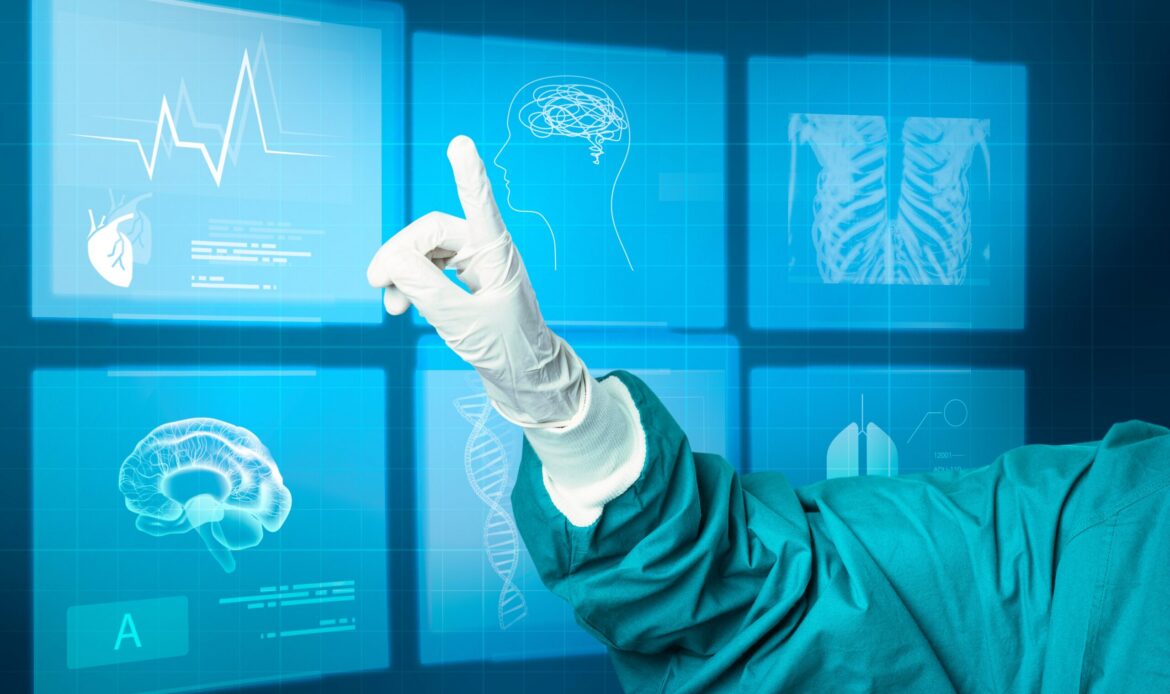 Doctors working on modern virtual screen