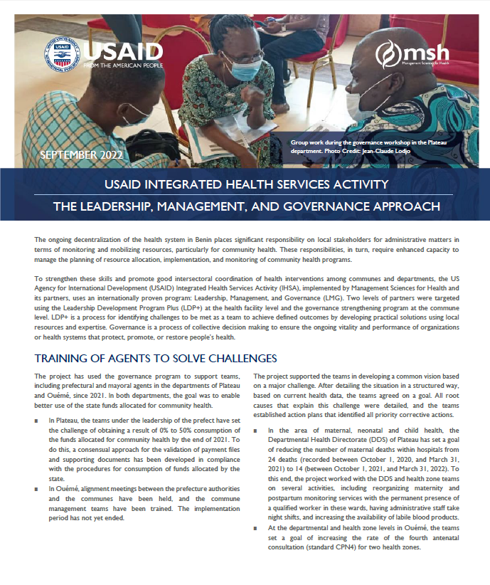 Hoja informativa sobre el enfoque de liderazgo, gestión y gobernanza en Benín