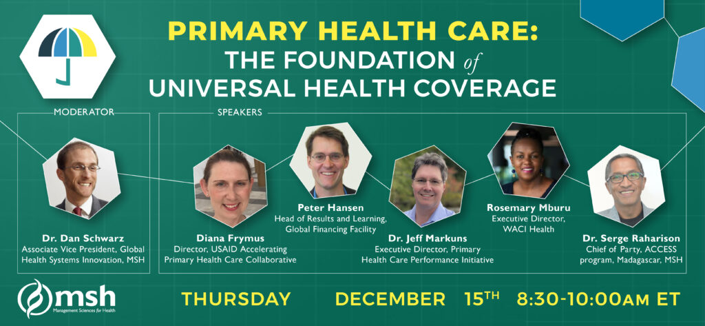 Social media card detailing the Primary Health Care live event titled "Primary Health Care: The Foundation of Universal Health Coverage"