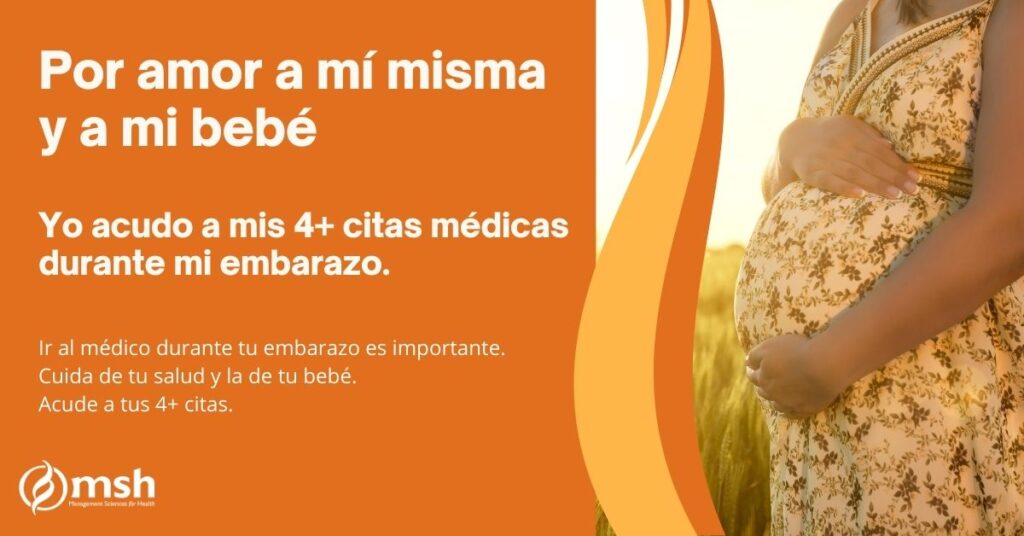 Social media card for the Meta campaign in Guatemala of a pregnant woman holding her belly, with the caption, "For the love of myself and my baby, I go to my 4+ checkups during my pregnancy. Going to the doctor during your pregnancy is important. Take care of your and your baby's health. Go to your 4+checkups."
