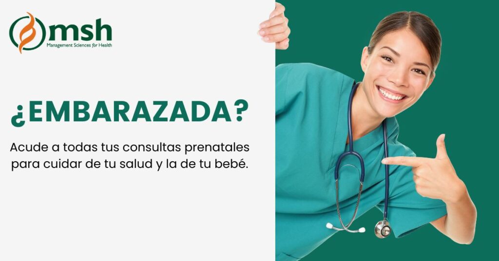 Social media card for the Meta campaign in Guatemala with an image of a woman doctor smiling and pointing to the caption, which reads, "Pregnant? Go to all of your prenatal checkups to take care of your and your baby's health."