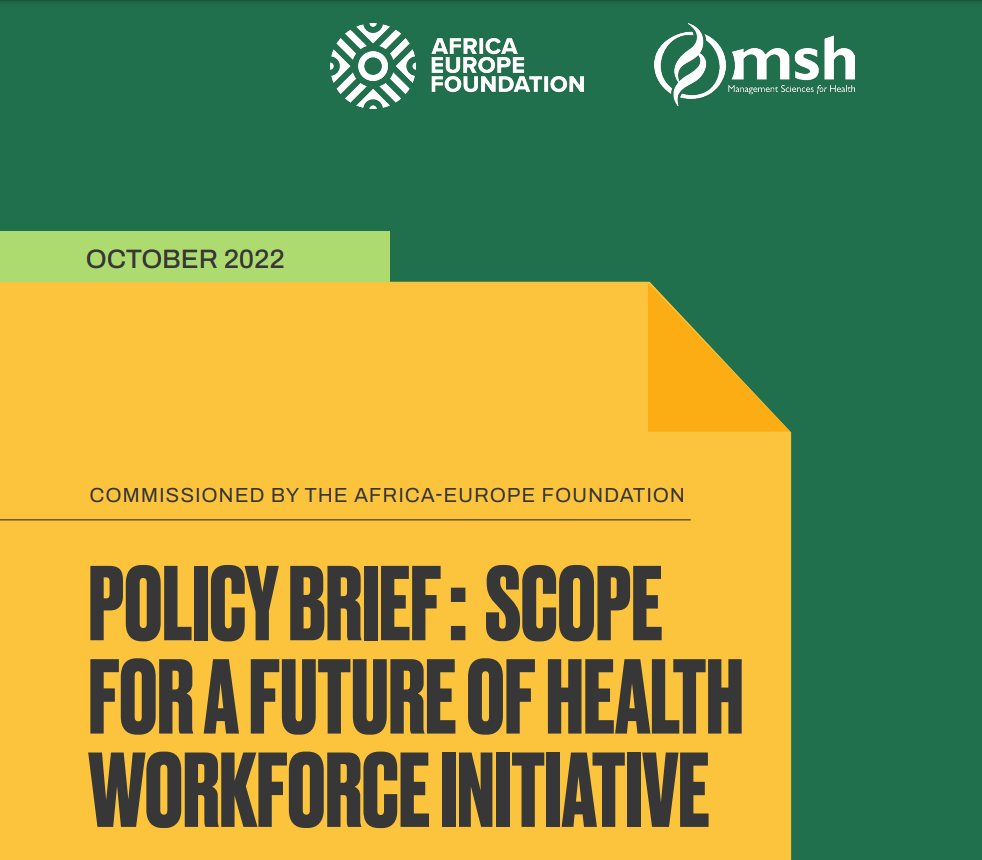 Capa do Resumo de Política da Fundação África Europa "Escopo para um Futuro da Iniciativa da Força de Trabalho em Saúde"