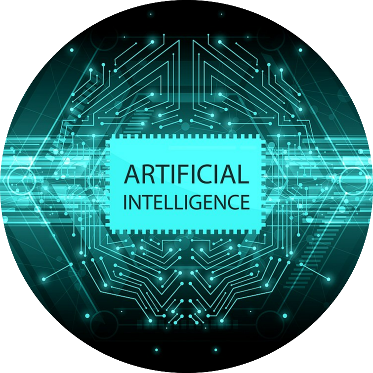 Circular graphic of lines representing a micro chip with the words "Artificial Intelligence" in the center.