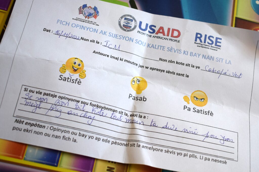 An anonymous questionnaire regarding the quality of service received at a AIDS clinic supported by the RISE project in Haiti
