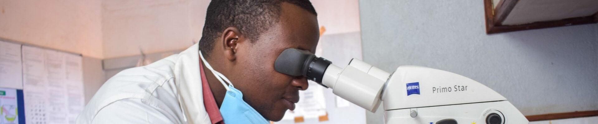 A lab technician looks into a microscope