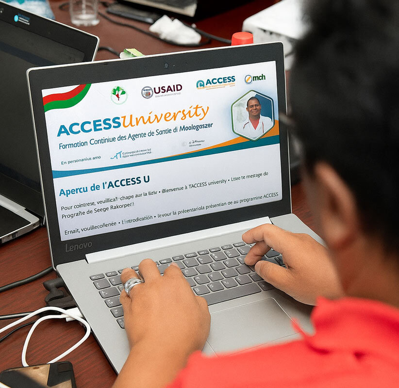 A healthworker in Madagascar accessing ACCESS University e-learning platform.