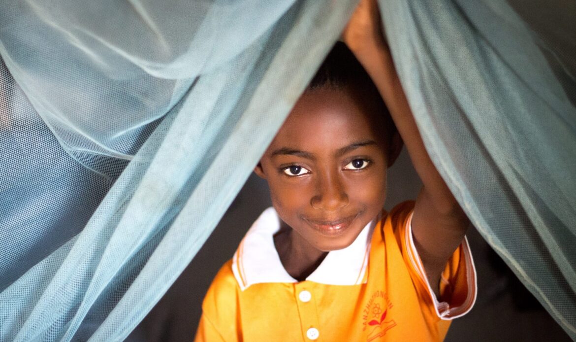 Child peaking out from under a new bed net Madagascar