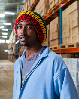 A worker posing inside a warehouse in Ethiopia